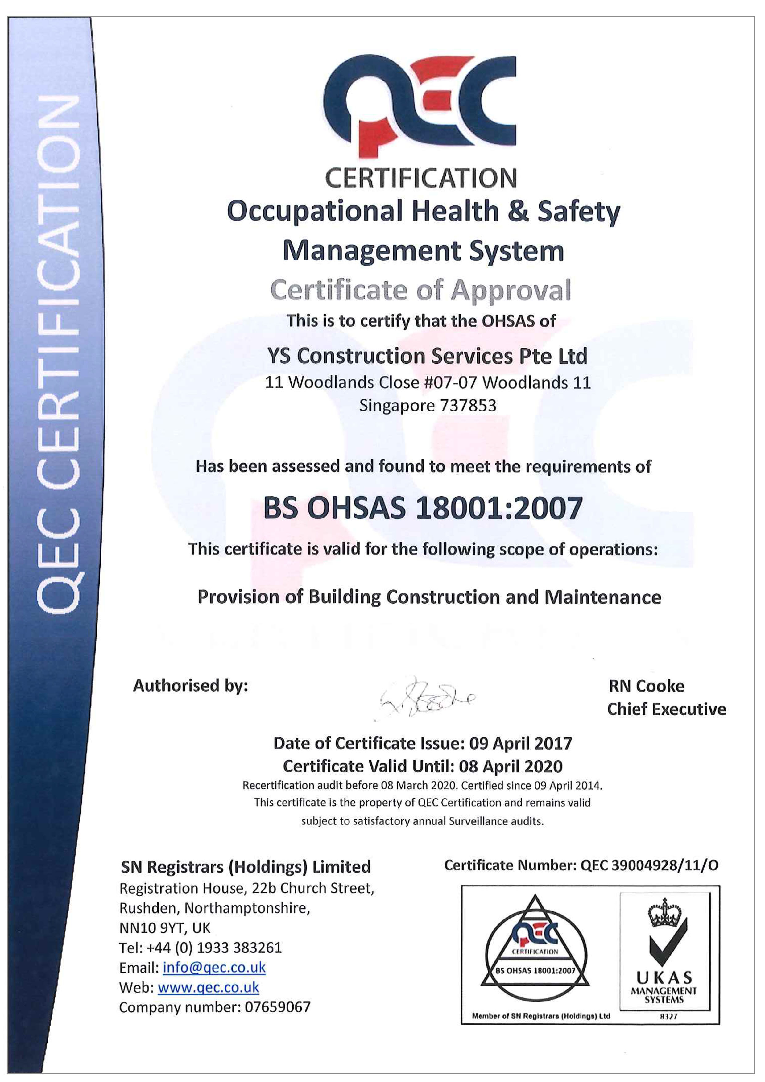 BS OHSAS 18001 Certificate